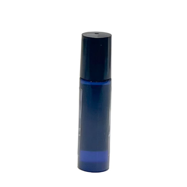 A back view of the CongestAway Breathe Ease Roller bottle, showcasing the sleek design with minimal text visible. The blue glass bottle and black roller cap provide a refined and convenient application method.