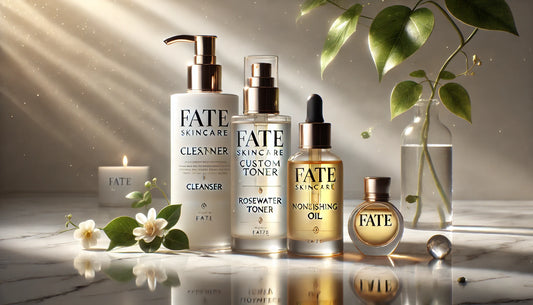 Fate Skincare's custom skincare subscription products—a cleanser, rosewater toner, and nourishing oil—in sleek glass bottles with minimalist labels, arranged on a white marble surface. Sunlight filters through green plants in the background, creating a serene, luxurious ambiance.