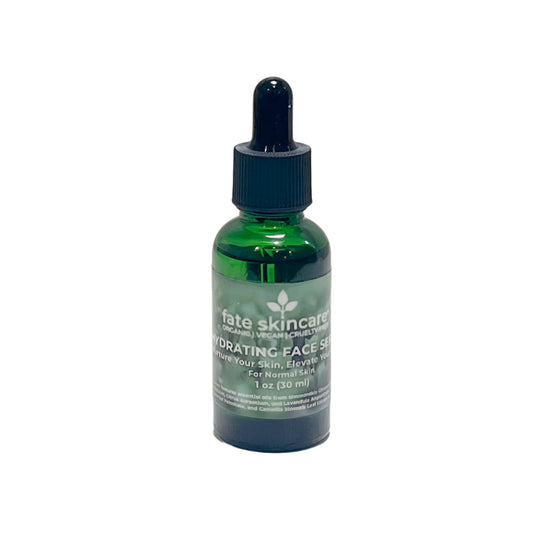 A green glass dropper bottle labeled "Fate Skincare Hydrating Face Serum." The label highlights its hydrating properties and suitability for normal skin.