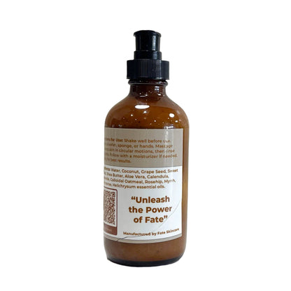 Another angle of the brown glass bottle, showcasing more ingredient details and the tagline "Unleash the Power of Fate." The label emphasizes its natural and hydrating formulation. 