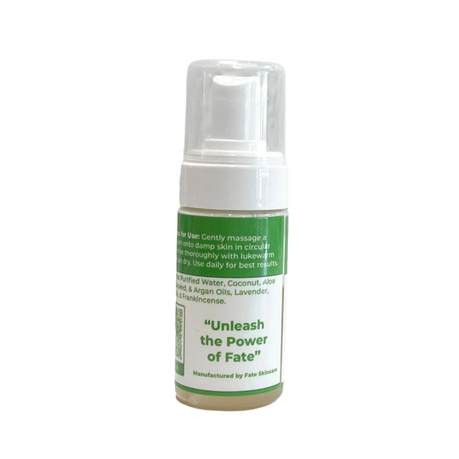 Another angle of the clear plastic bottle, highlighting additional ingredient details and the tagline "Unleash the Power of Fate." The label reinforces its skin-balancing and oil-removing benefits.