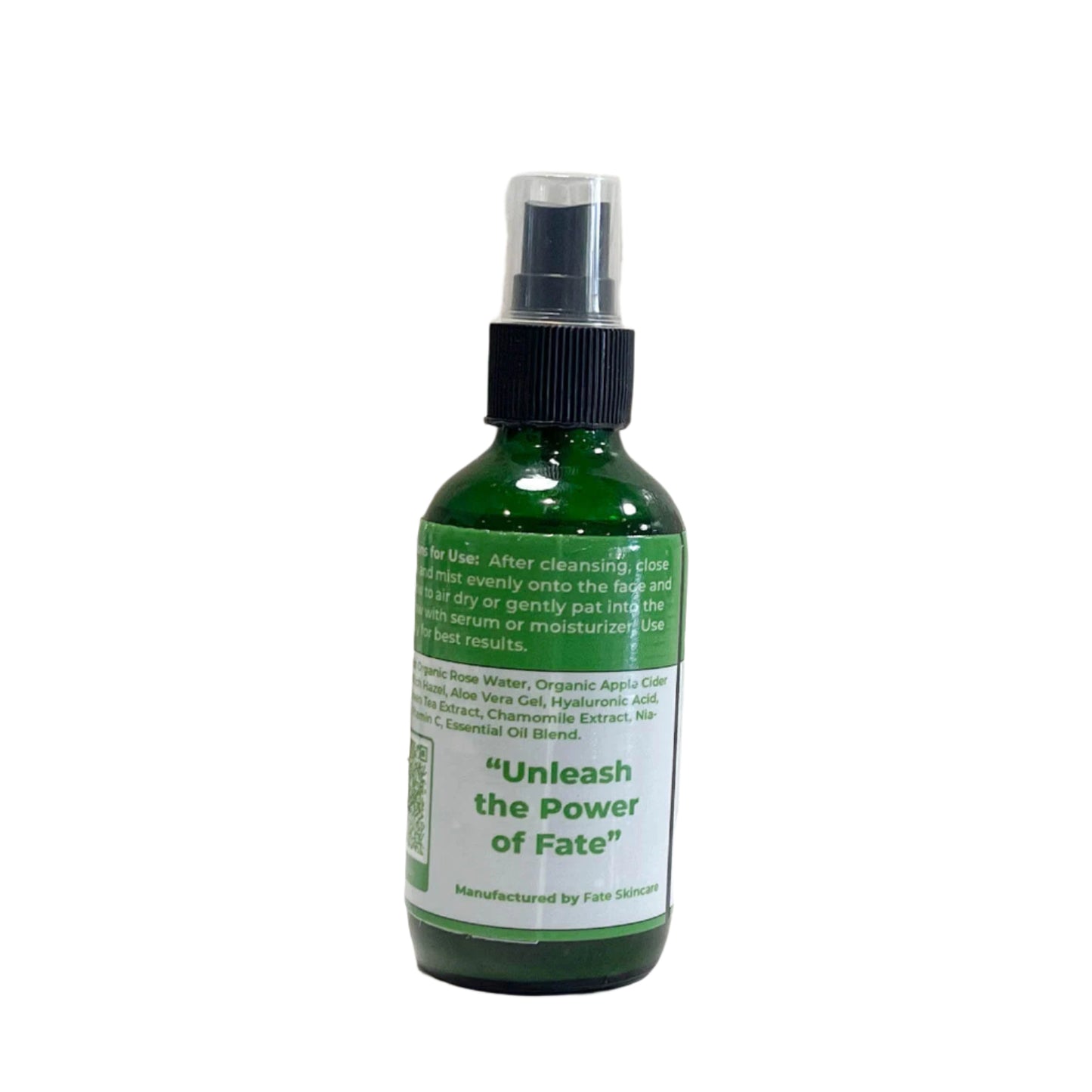 A side view of the "Botanic Harmony ACV Infused Toner" bottle, featuring Fate Skincare’s tagline, "Unleash the Power of Fate." The label also states that the product is manufactured by Fate Skincare.