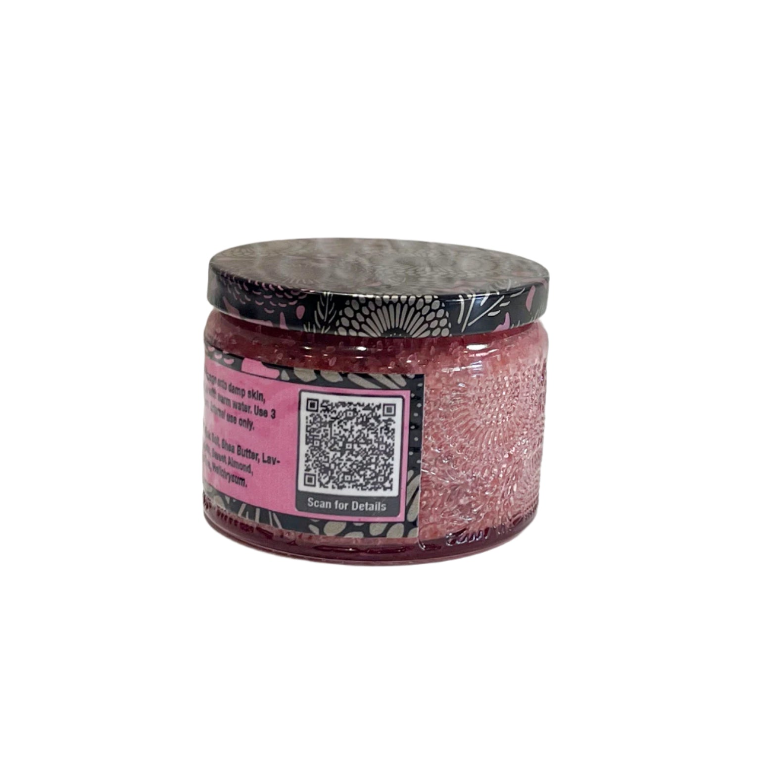 A side view of the "Pink Himalayan Salt Body Scrub" jar, focusing on the QR code and product details on the label.